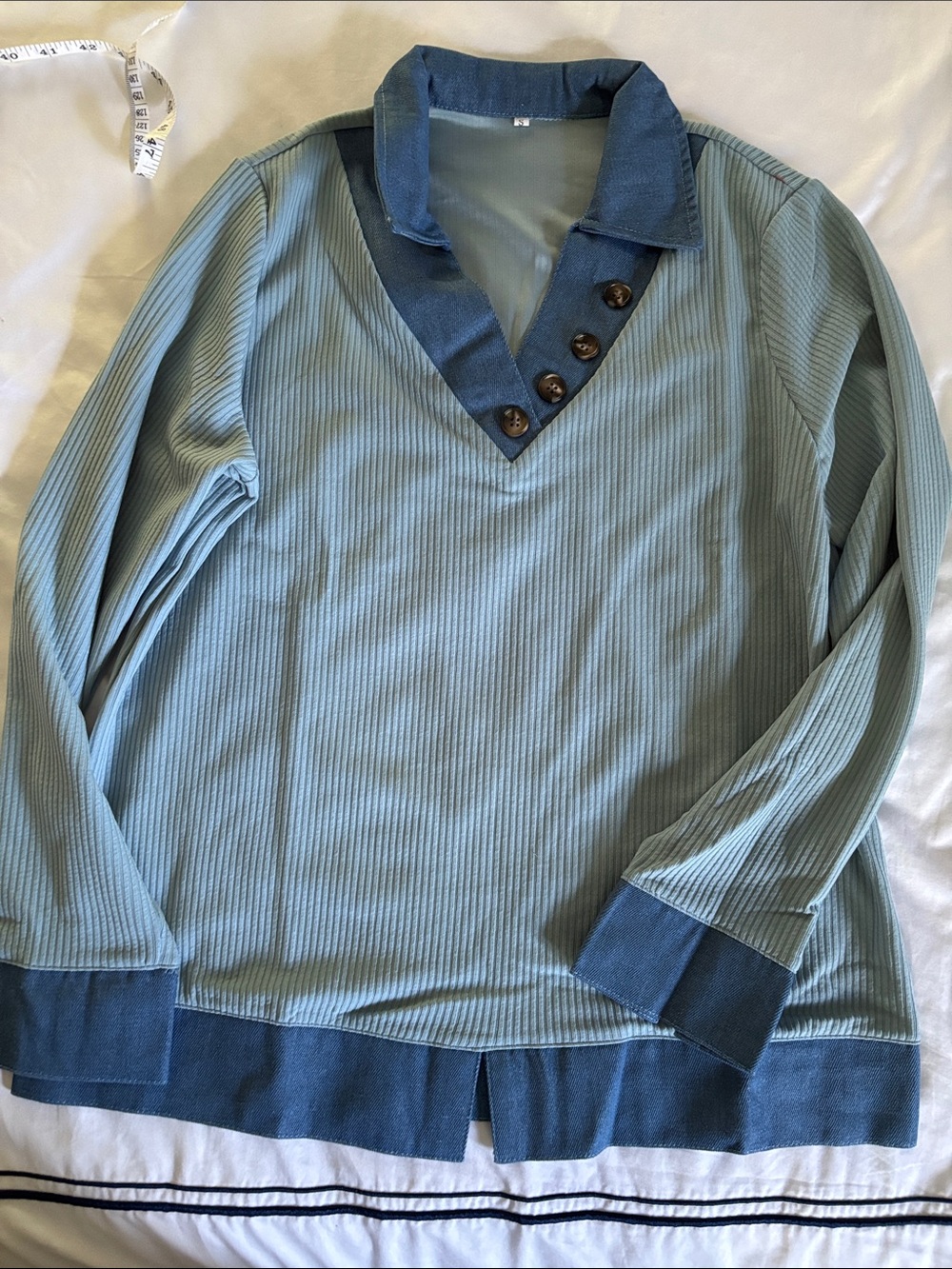 Blue Ribbed V-Neck Long Sleeve Top